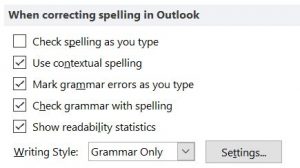 Outlook 1010 settings: When correcting spelling in Outlook