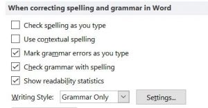 When correcting spelling and grammar in Word: settings