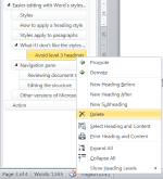Screenshot: deleting a section in Word's navigation pane